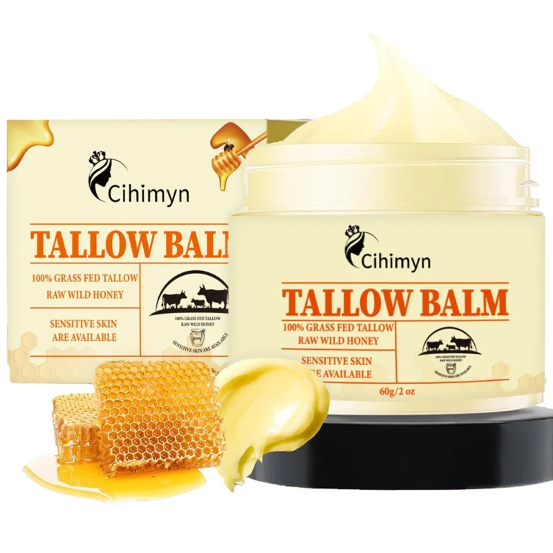 Tallow Balm 100% Grass-Fed Tallow & Raw Wild Honey Moisturizing Cream for Sensitive Skin, Anti-Acne, Brightening, 60g