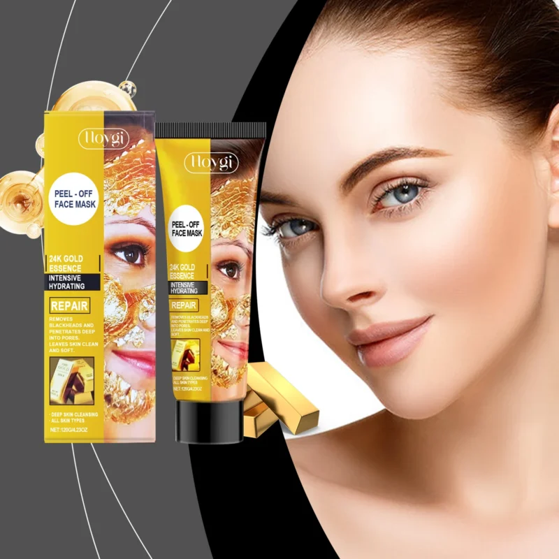 Hoygi 24K Gold Peel-Off Face Mask for deep cleansing, hydrating, and shrinking pores, shown in a 120g tube.