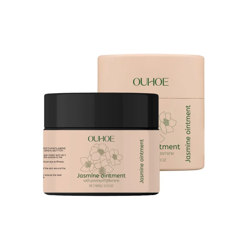 OUHOE Active Moisturizing Eye Cream in a jar, formulated with Shea Butter, Hyaluronic Acid, and Vitamin E to reduce fine lines and dark circles.