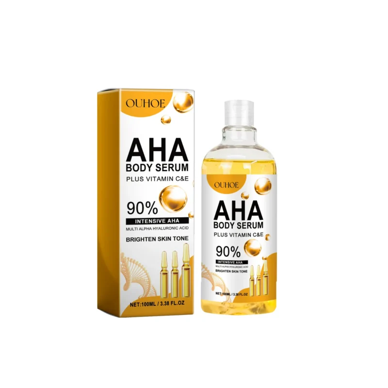 OUHOE AHA Face and Body Serum 100ml for hydrating, brightening, and softening skin with multi-alpha hyaluronic acid.