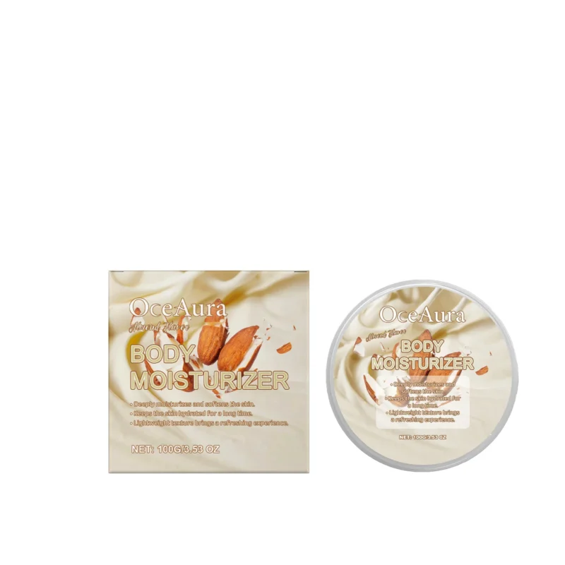OceAura Almond Cream Body Moisturizer in a sleek jar providing deep hydration and a refreshing feel for all skin types.