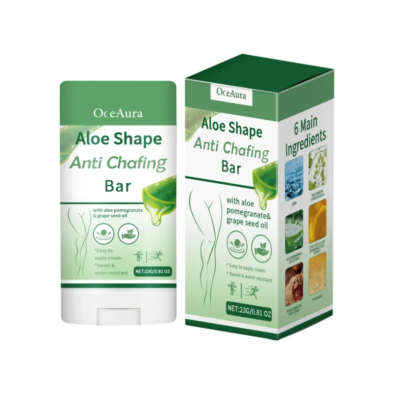 OceAura Aloe Anti-Chafing Body Firming Bar for thighs, knees, and calves, designed to moisturize, firm skin, and reduce friction.