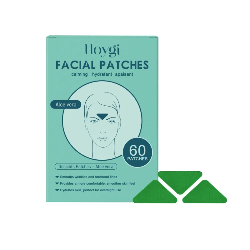 Hoygi Aloe Vera Forehead Tightening Patches for smoothing wrinkles and hydrating skin, 60 pieces per pack.