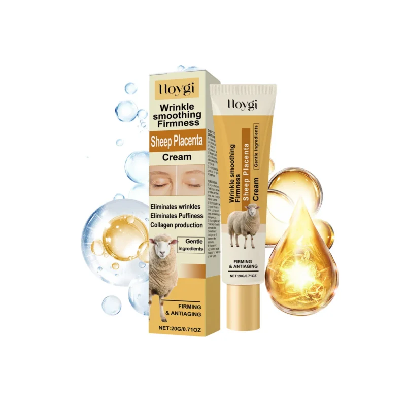 Hoygi Anti-Aging Firming Cream in a sleek jar, featuring hydrolyzed sheep placenta extract and collagen to visibly reduce fine lines and wrinkles.