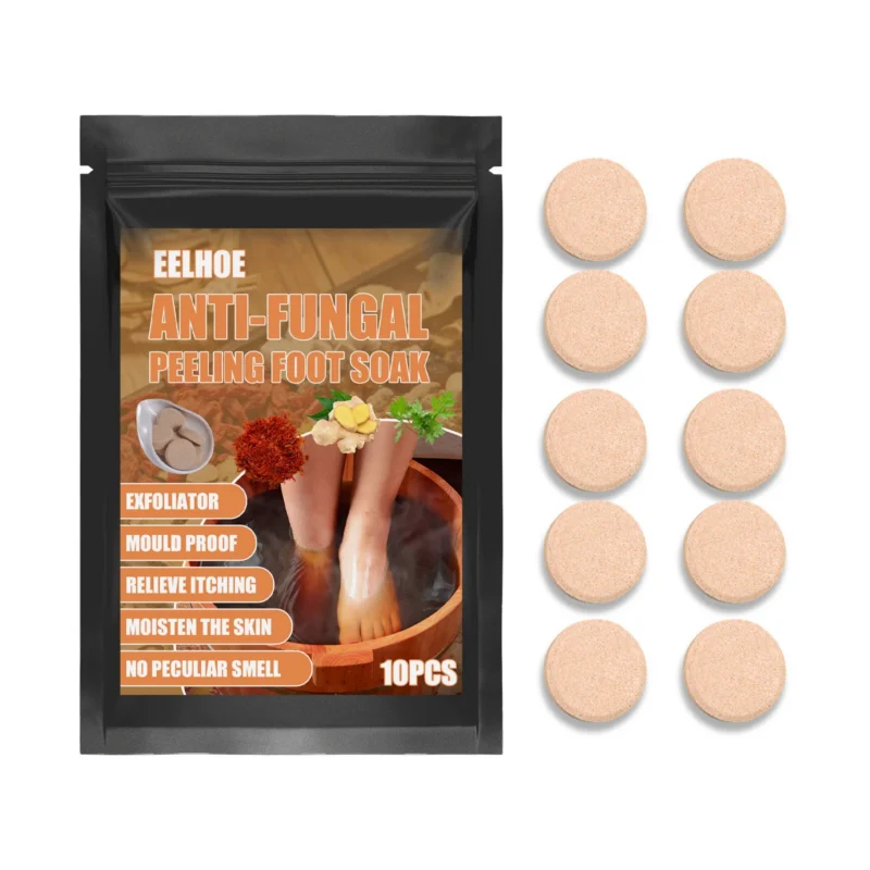 EELHOE Anti-Fungal Peeling Foot Soak Tablets with Ginger, Saffron, and Wormwood for exfoliation and nail care.