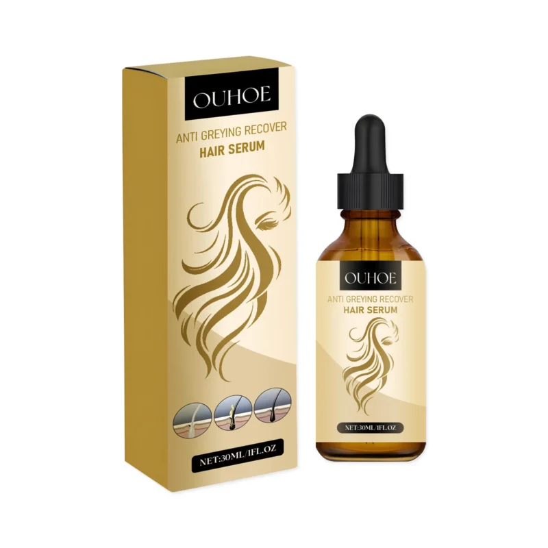 OUHOE Anti Greying Hair Serum 30ml with Coptis Root and Hyaluronic Acid for Gray Hair Recovery and Hair Strengthening