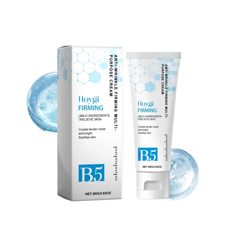 Hoygi Anti-Wrinkle Firming Body Moisturizer in a sleek white tube with purple accents, shown smoothing onto skin.