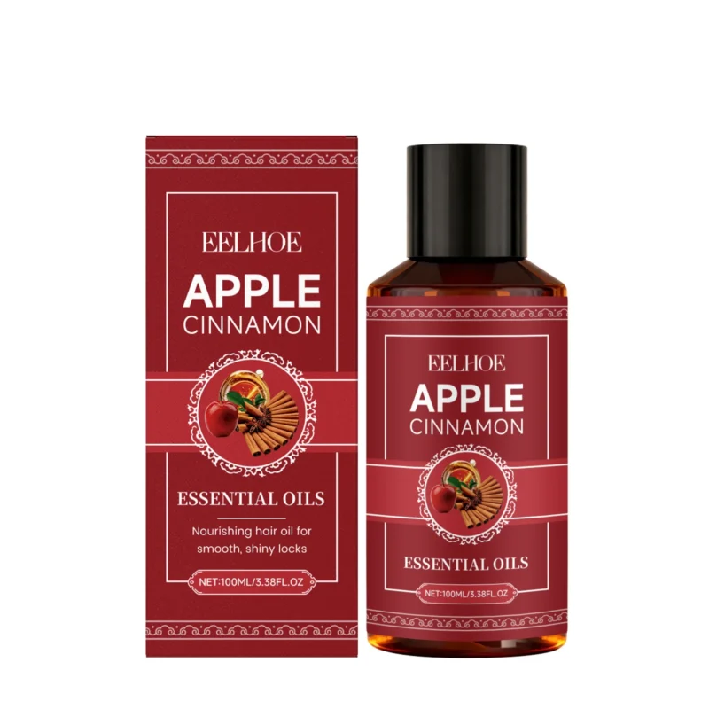 EELHOE Apple Cinnamon Hair Oil in a 100ml bottle, designed to smooth frizz, add shine, and protect hair from heat styling.