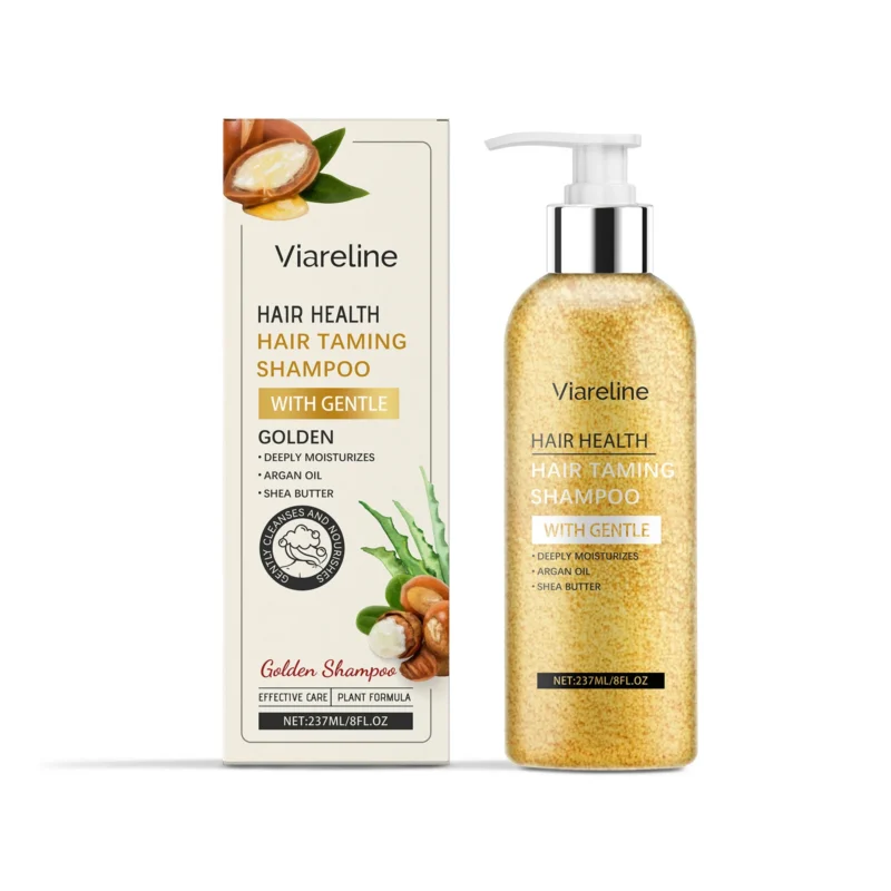 Viareline Argan Oil and Shea Butter Shampoo bottle in golden packaging, designed for deep moisturizing, strengthening hair roots, and preventing hair loss.