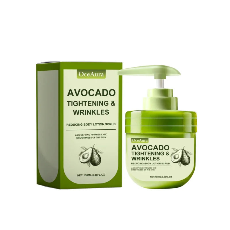 OceAura Avocado Body Lotion Scrub for moisturizing, firming, and exfoliating to achieve smooth, radiant skin.