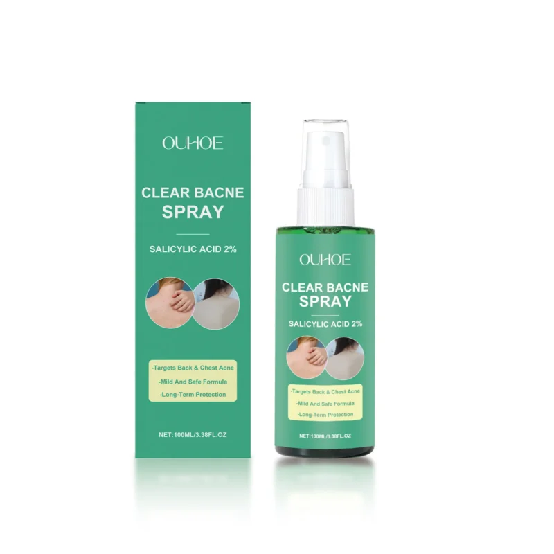OUHOE Back Acne Spray with 2% Salicylic Acid for clearing chest and body blemishes, featuring Centella Asiatica and Mint