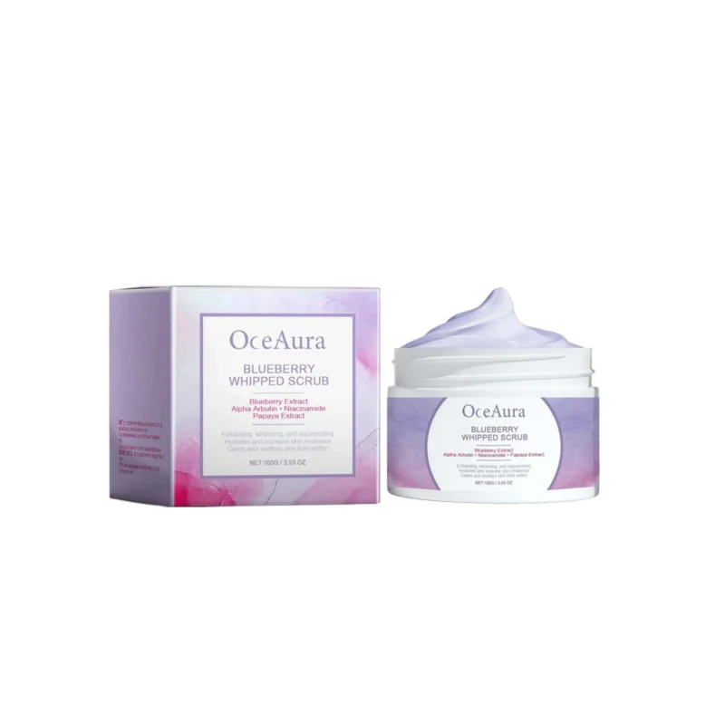 OceAura Blueberry Whipped Body Scrub in a jar for exfoliating, brightening, and soothing skin