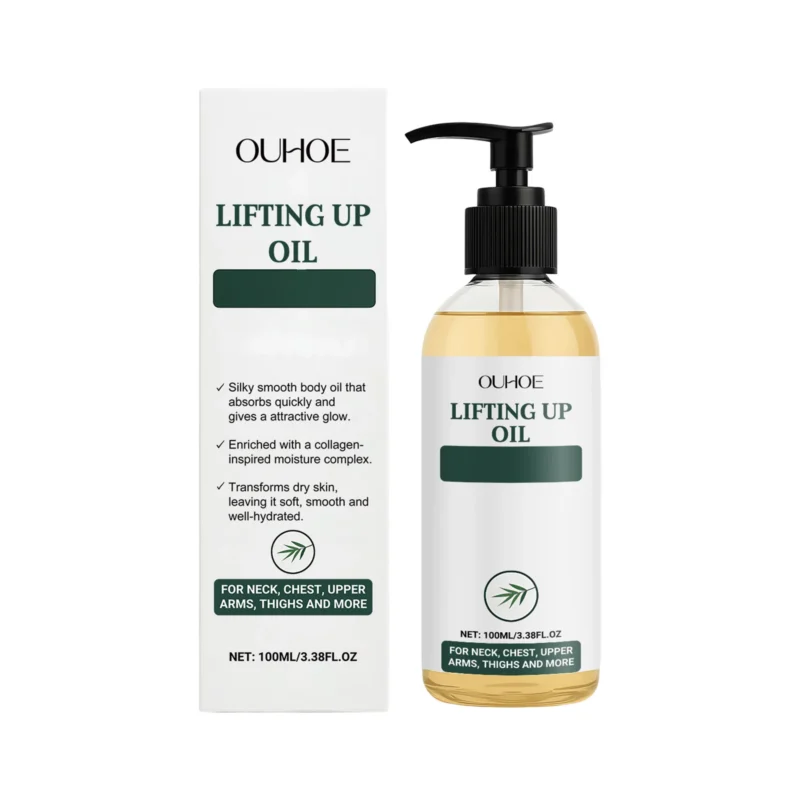 OUHOE Moisturizing Body Firming Oil in sleek bottle for neck, chest, and body care, promoting skin elasticity and radiance.