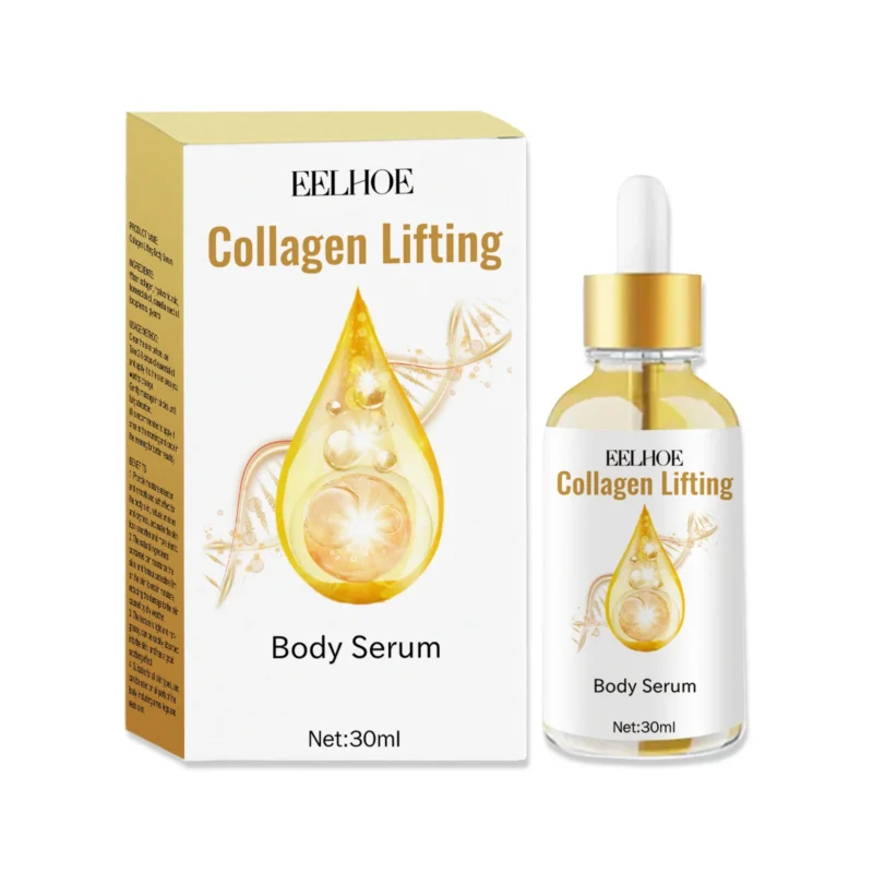EELHOE Body Firming Serum for tightening stomach, thighs, and buttocks, with collagen and moringa oil in a 30ml bottle.