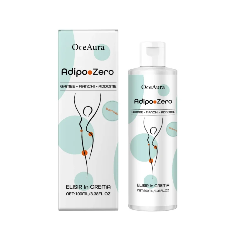 OceAura AdipooZero body firming and slimming cream in a 100ml tube with key ingredients collagen, hyaluronic acid, and centella asiatica