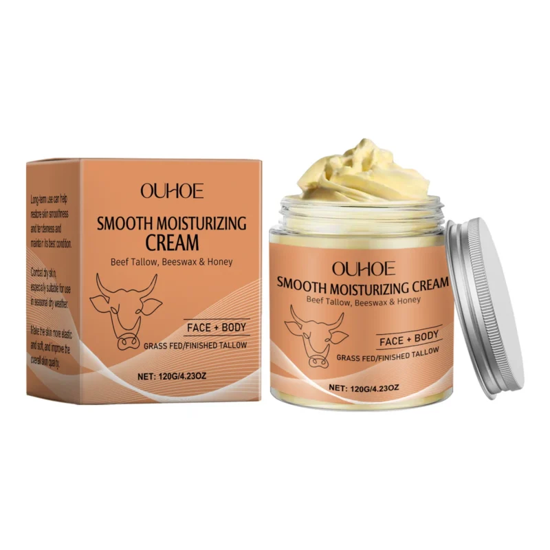 OUHOE Body Smoothing Moisturizing Cream in a jar, featuring avocado oil and citrus extract for firming and hydration