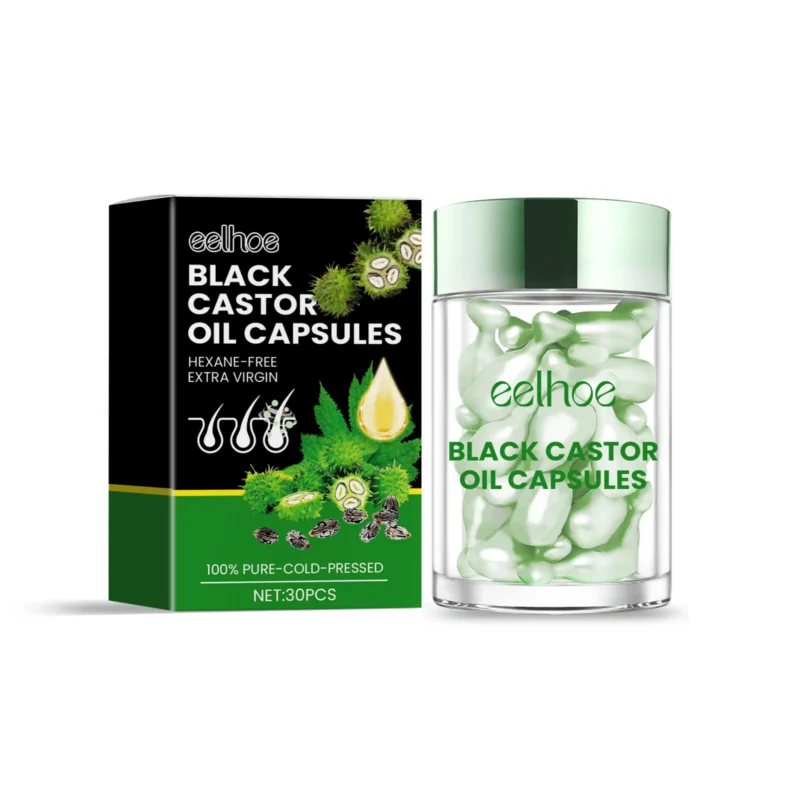 EELHOE Black Castor Oil Hair Capsules for repairing split ends, dry, and damaged hair to promote thicker, shinier locks.