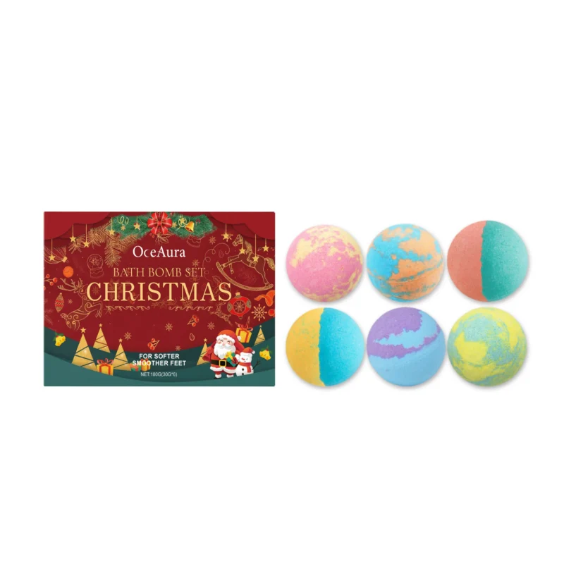 OceAura Christmas Bath Bomb Set in a festive gift box, producing colorful bubbles in a bathtub.