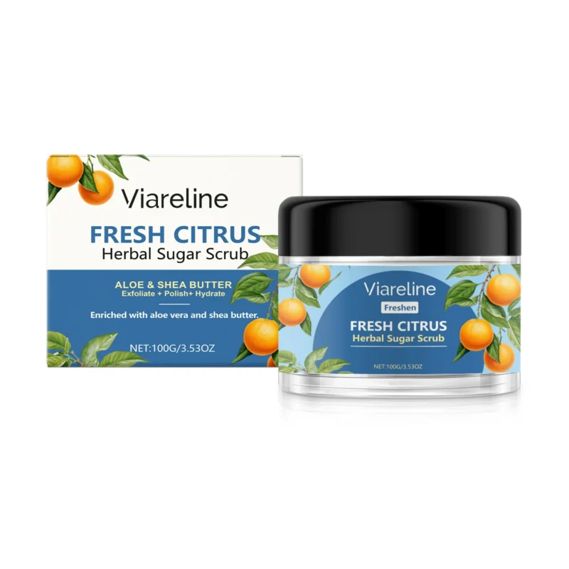 Viareline Fresh Citrus Herbal Sugar Scrub in a jar, featuring aloe vera and shea butter for deep exfoliation and hydration