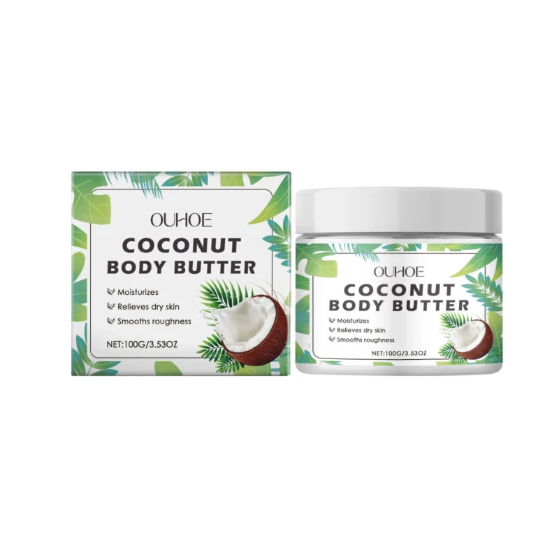 Coconut Body Butter Moisturizing Lotion in a white jar with blue lid for dry skin relief and deep hydration.