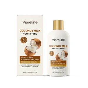 Viareline Coconut Milk Nourishing Conditioner for intense hydration, smoothness, and shine restoration in a sulfate-free formula.
