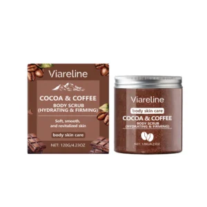 Viareline Coffee & Cocoa Body Scrub 120g for exfoliating, hydrating, and brightening skin tone