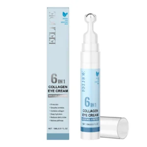 EELHOE 6-in-1 Collagen Eye Cream with Bakuchiol and Peptides for firming, hydrating, and reducing wrinkles, featuring a cooling roller ball applicator.
