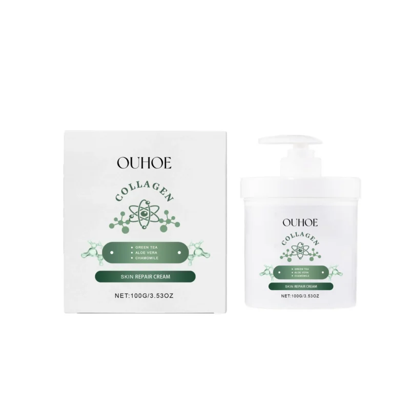 OUHOE Collagen Skin Firming Cream 100g jar with green tea and aloe vera extracts for anti-wrinkle and moisturizing care