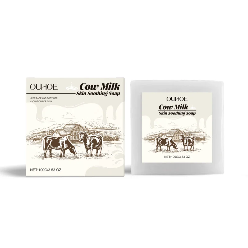 OUHOE Cow Milk Skin Soothing Soap for Face and Body Cleansing, 100g Gentle Moisturizing Bar