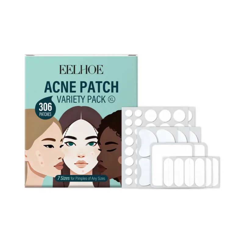 EELHOE Acne Patches Variety Pack with 7 sizes and shapes including oval, square, moon, and round for effective pimple treatment.