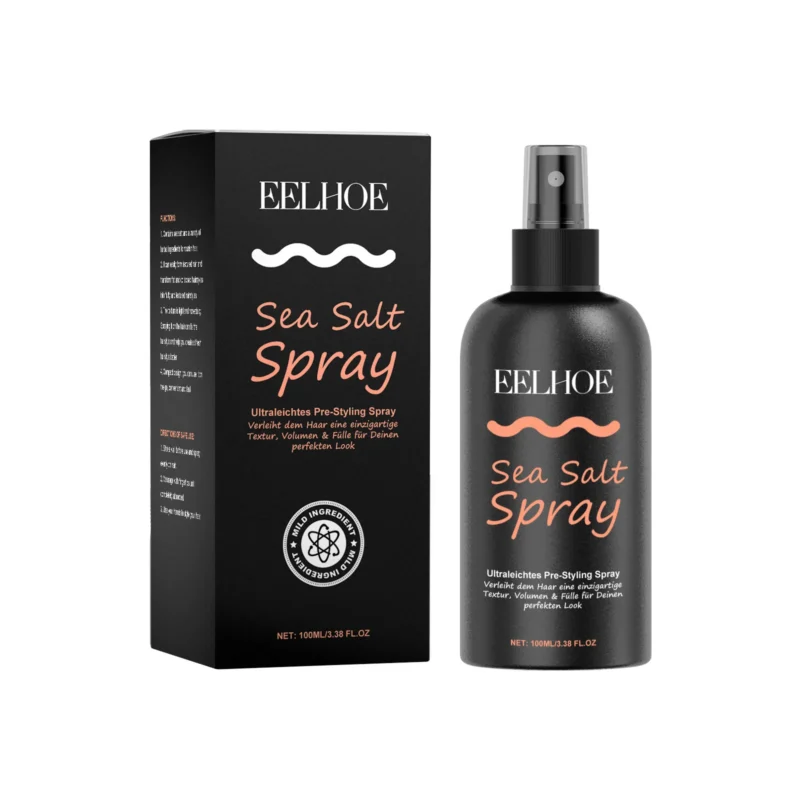 EELHOE Sea Salt Hair Texturizing Spray in hand, showcasing the sleek bottle design for easy application to create voluminous, textured hairstyles.