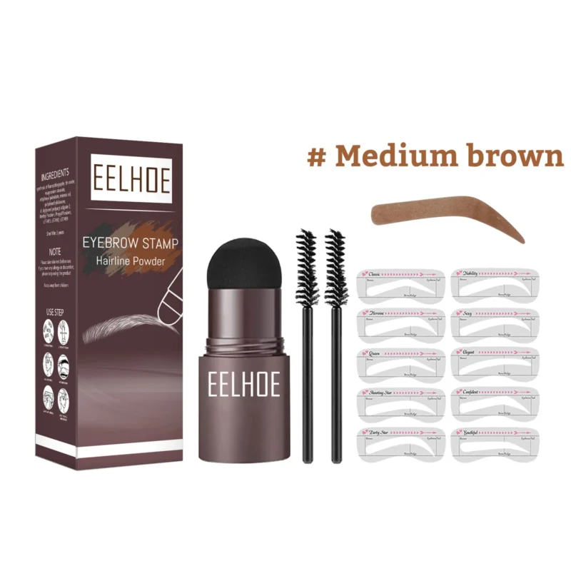 EELHOE Eyebrow Stamp Kit in Medium Brown with Brow Powder, Stamp, and Hairline Powder for Instant Perfect Brows