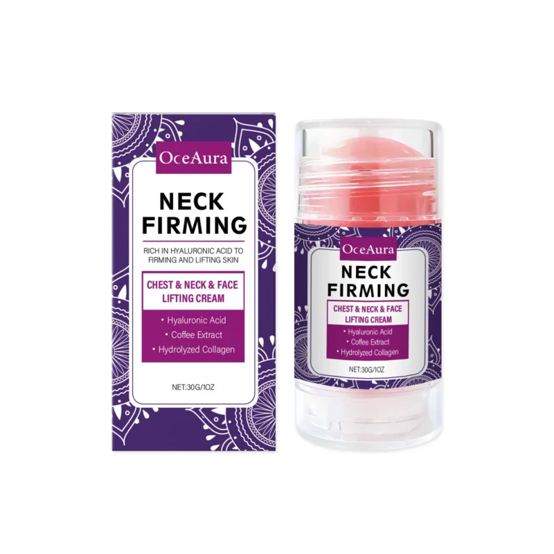 OceAura portable solid firming essence stick with hyaluronic acid and coffee extract for face, neck, and chest care.