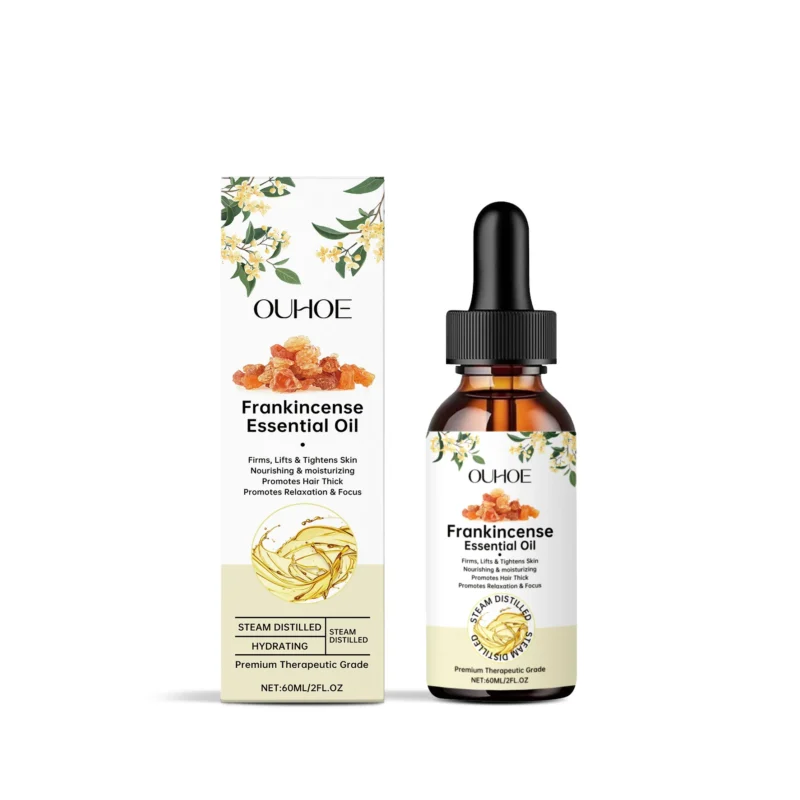 OUHOE Frankincense Essential Oil for nourishing hair, scalp, face, and body with natural ingredients.