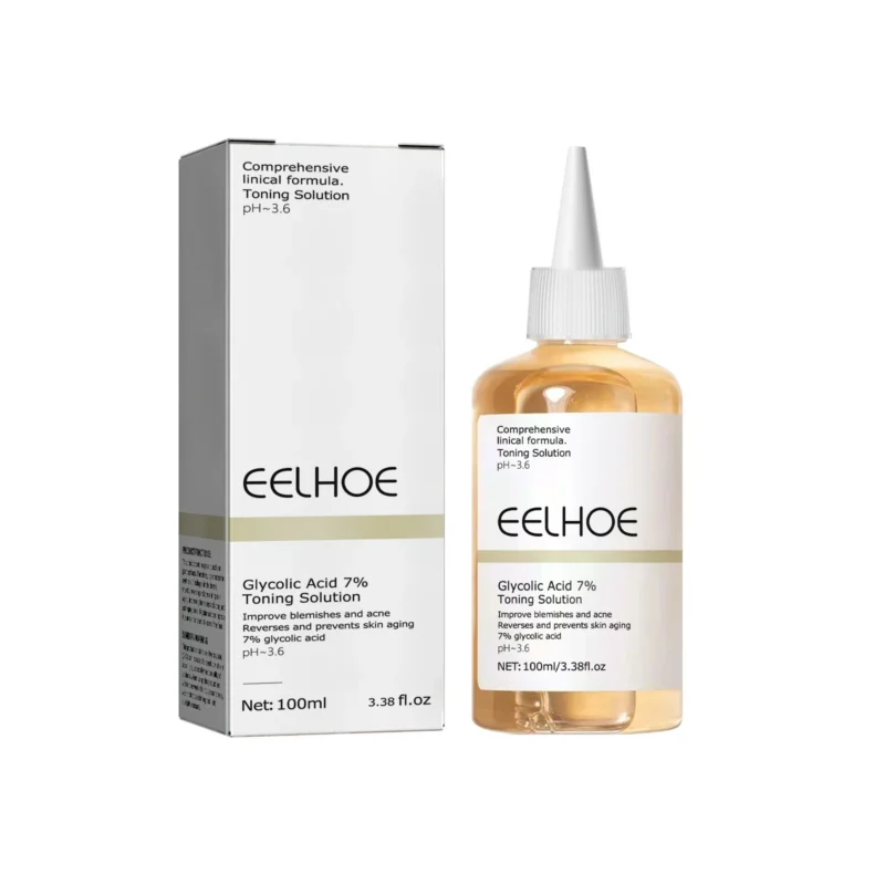 EELHOE Glycolic Acid 7% Toning Solution for acne treatment, pore minimization, and skin brightening in a 100ml bottle.