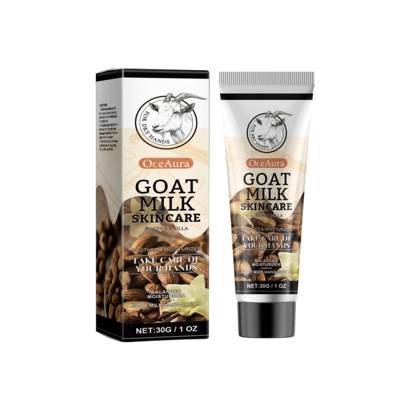 OceAura Goat Milk Hand Cream in Nutty Vanilla scent for deep moisturizing and repairing dry, rough skin
