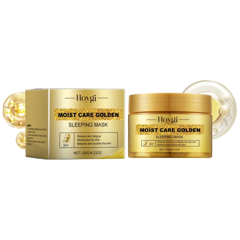 HOYGI Golden Sleeping Mask jar for deep hydration and anti-aging, shown with a golden texture and key ingredients list.