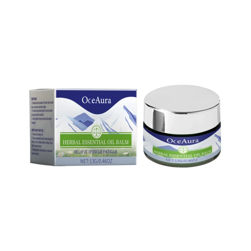 OceAura Herbal Essential Oil Balm in a portable 13g tin for muscle fatigue, insect bites, and skin rejuvenation