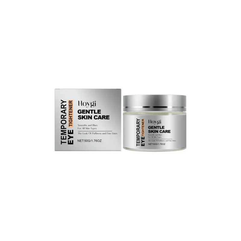 Hoygi Temporary Eye Tightener Cream in a sleek white jar, designed to reduce puffiness and smooth fine lines for all skin types.