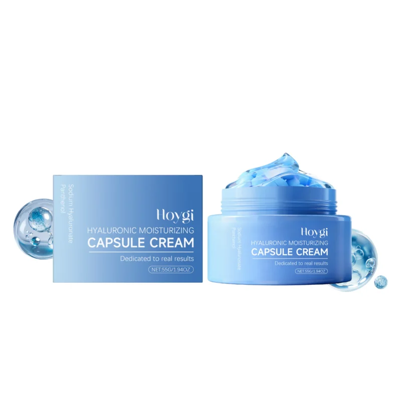Hoygi Hyaluronic Acid Moisturizing Capsule Cream in jar with blue capsules for intense hydration and skin barrier support.