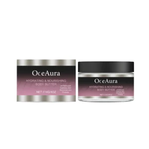 OceAura Hydrating Body Butter Lotion in a white tub for deep moisturizing of dry skin