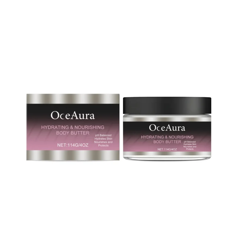 OceAura Hydrating Body Butter Lotion in a white tub for deep moisturizing of dry skin