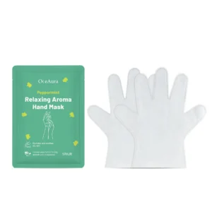 OceAura hydrating hand mask infused with peppermint extract for soothing dry, rough hands and improving skin texture.