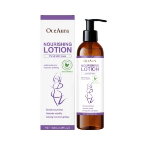 OceAura Lavender & Vanilla Body Lotion in a sleek bottle, shown with ingredients like coconut oil and aloe leaf extract for deep hydration.