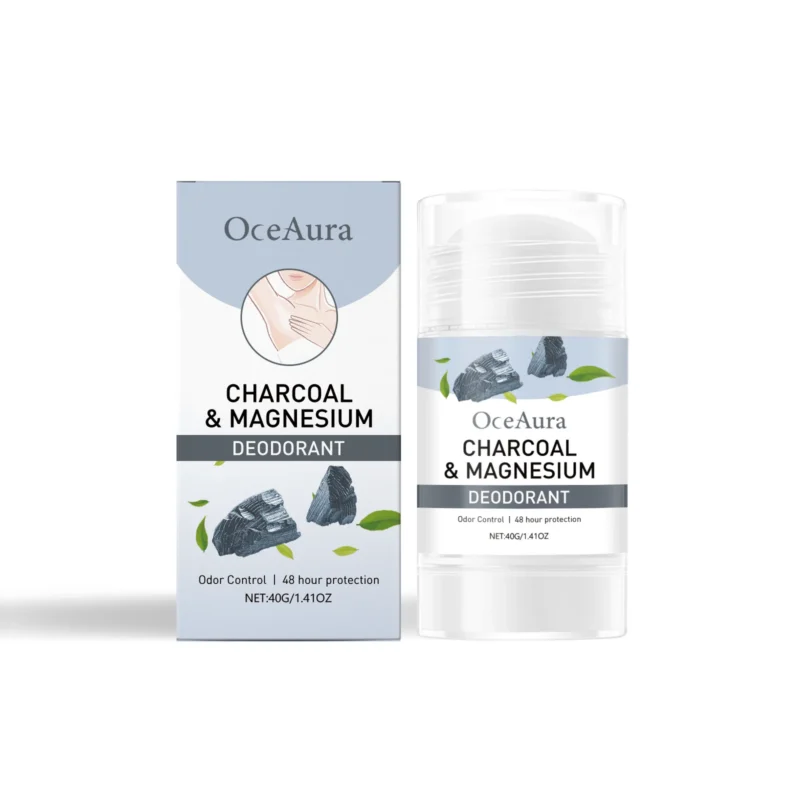 OceAura Natural Deodorant Stick with Charcoal and Magnesium for 48-hour odor protection and sensitive skin care.