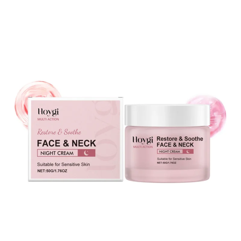 Hoygi Restore & Soothe Night Cream for Face and Neck, designed to firm, lift, and deeply hydrate the skin.