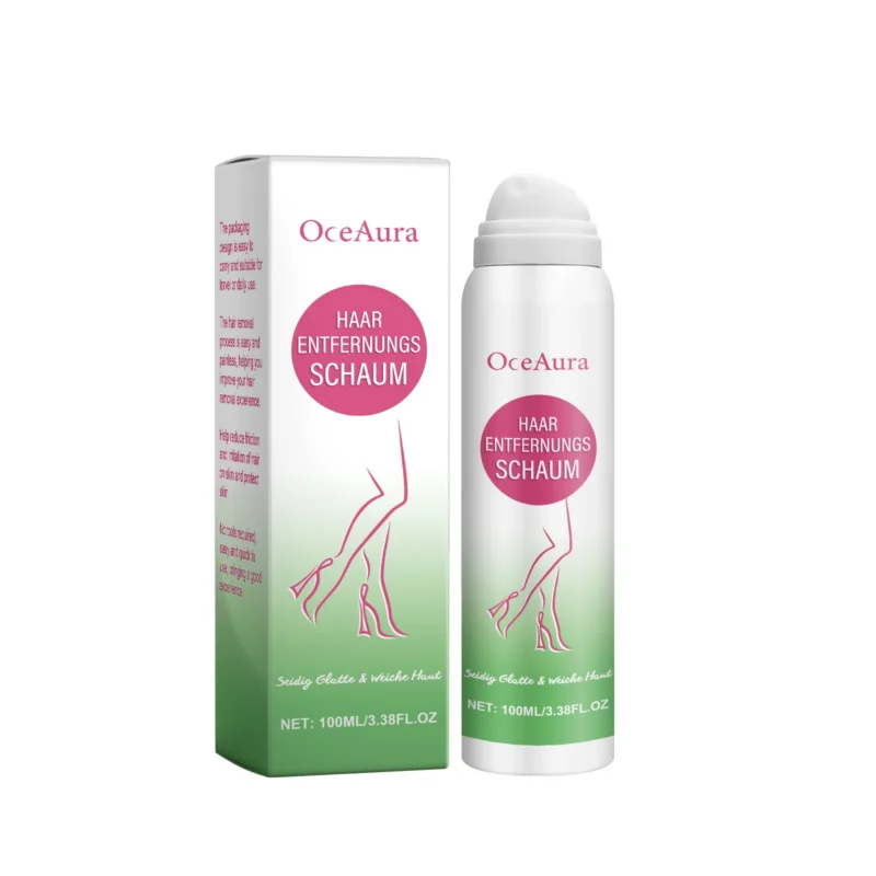 OceAura Hair Removal Spray in a sleek bottle, suitable for use on legs, arms, and underarms for gentle hair removal.
