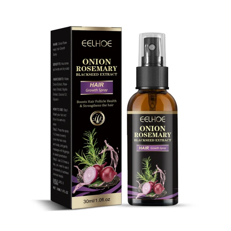 EELHOE Onion Rosemary Hair Growth Spray for scalp nourishment and hair strengthening in a 30ml bottle.