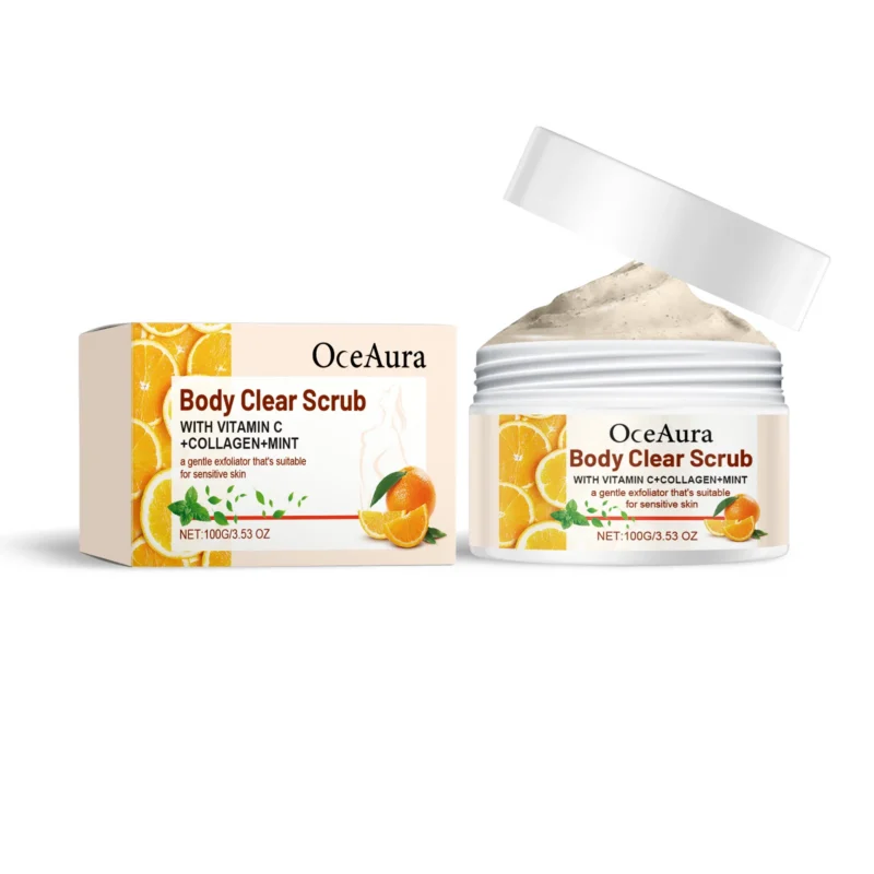OceAura Orange Body Scrub 100g with Vitamin C, Collagen, and Mint for smooth, bright skin