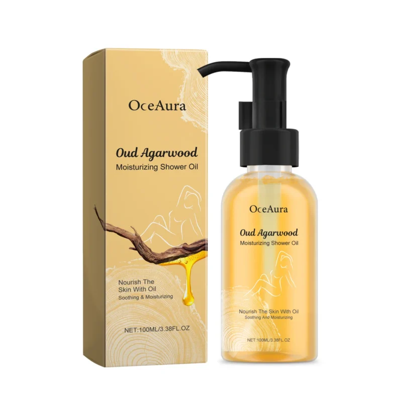 OceAura Oud Agarwood Moisturizing Shower Oil in a sleek 100ml bottle for gentle cleansing and nourishing dry skin.